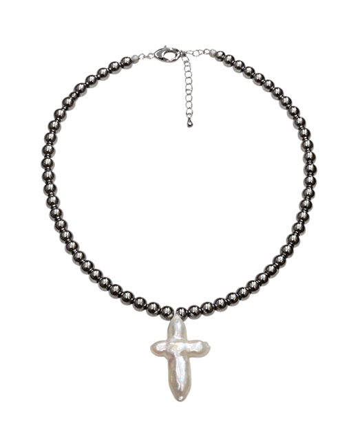 Колье из гематита с подвеской крест - фото 330753